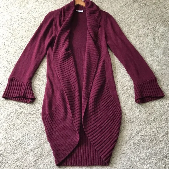 BRYN WALKER Cashmere + Angora Maroon Long Duster Cardigan Sz M - Picture 1 of 7